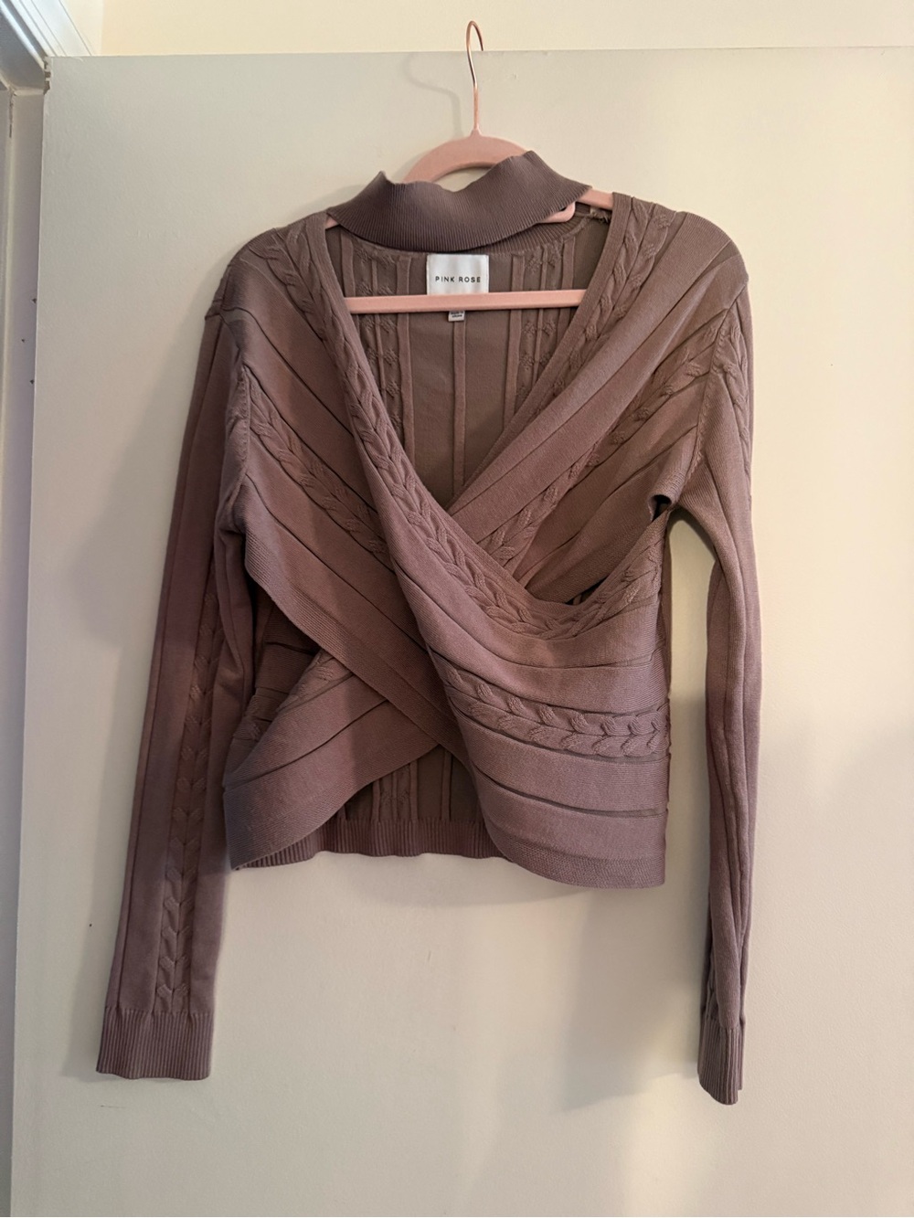 Pink Rose Mauve Crossover Cable Knit Turtleneck Sweater